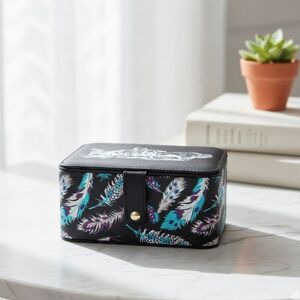 Boho Feather Print Jewelry Travel Case Small Vegan Leather Organizer Teal Purple